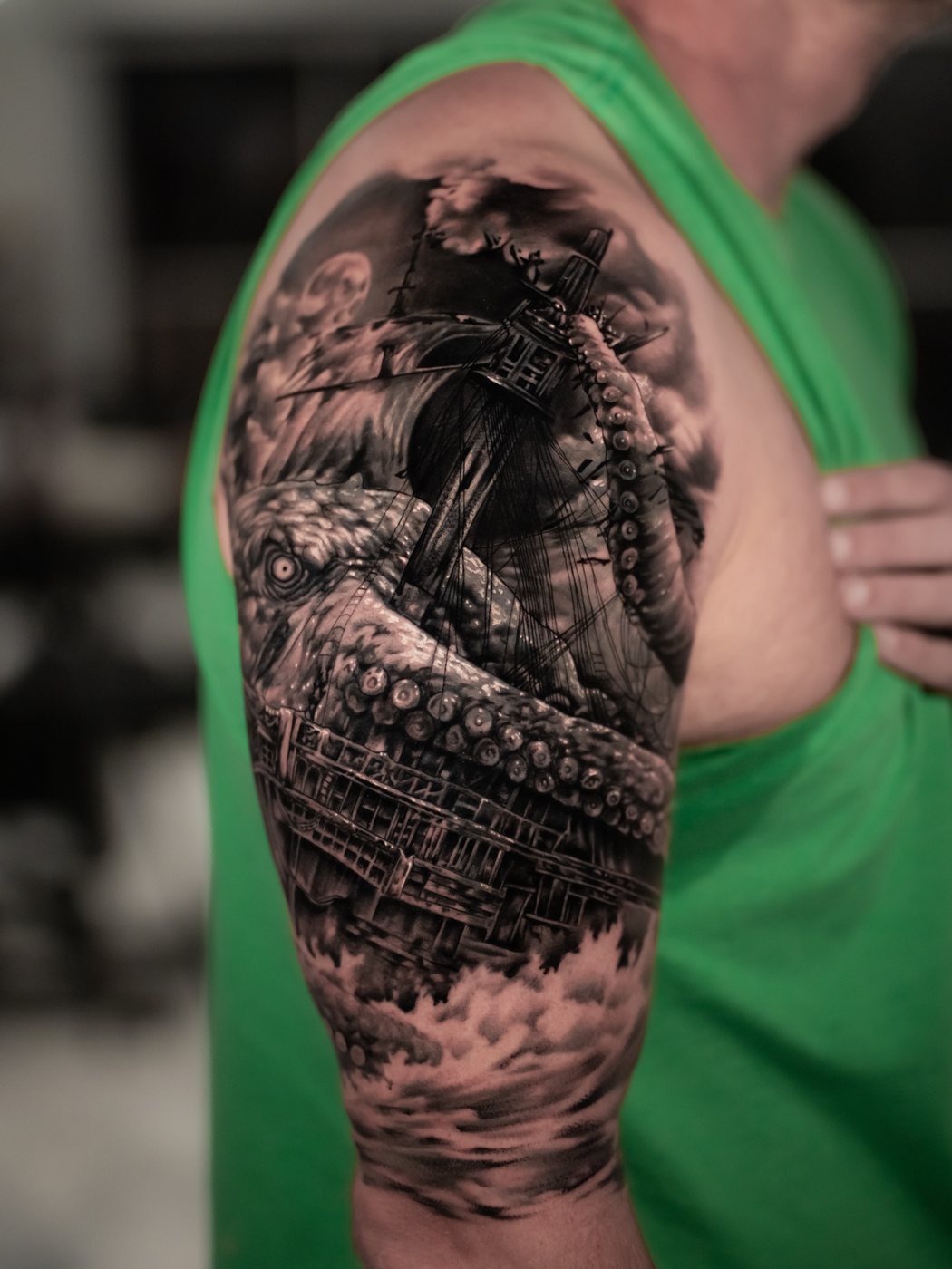 Black and grey kraken cover-up tattoo, finished